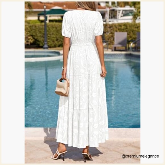 Boho Flowy Maxi Dress V-Neck Short Sleeves Elastic Waist Pockets - Picture 5 of 7